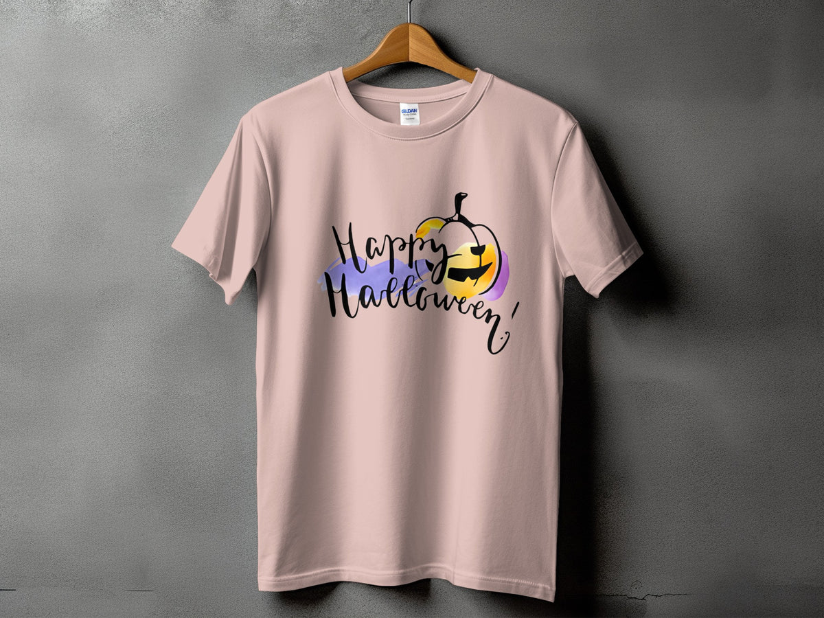 Light pink t-shirt with "Happy Halloween!" and a watercolor pumpkin graphic.