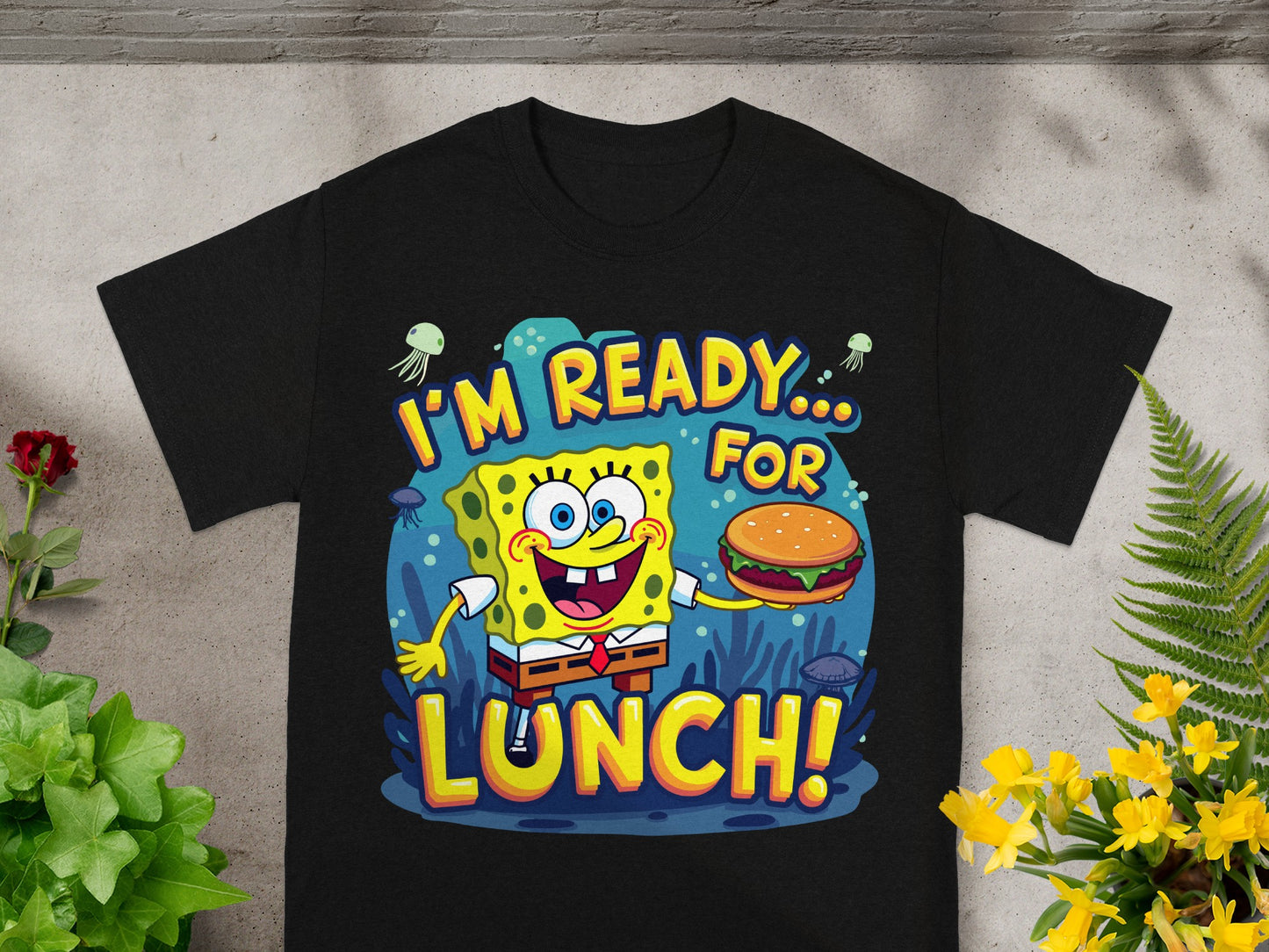 SpongeBob SquarePants holding a burger with text "I'm Ready For Lunch!"