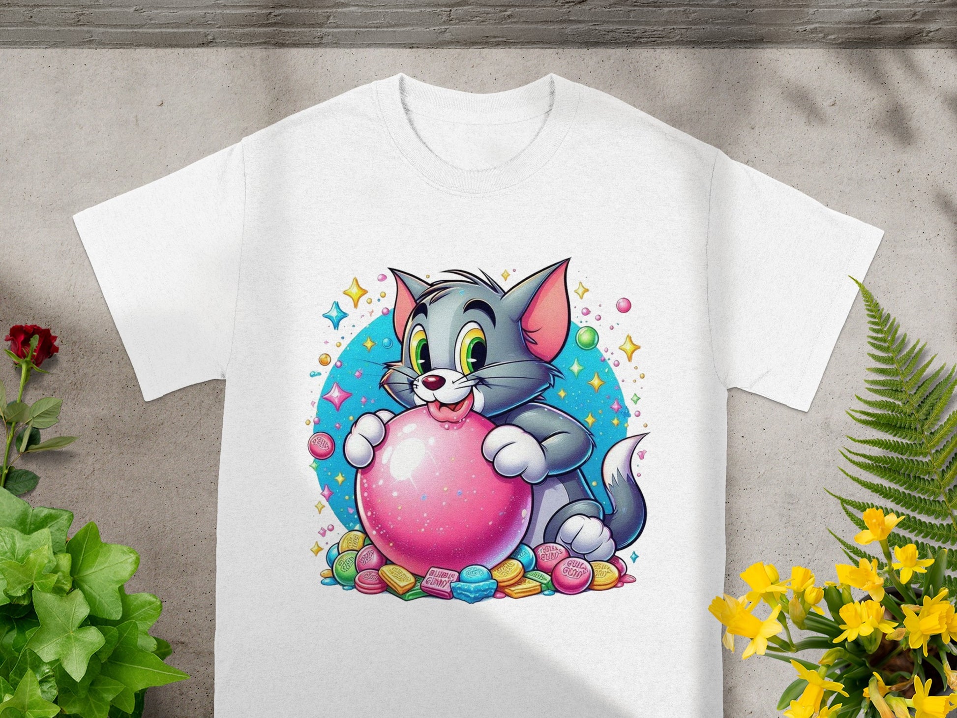 Cartoon cat Tom blowing a pink bubblegum bubble surrounded by colorful candies.