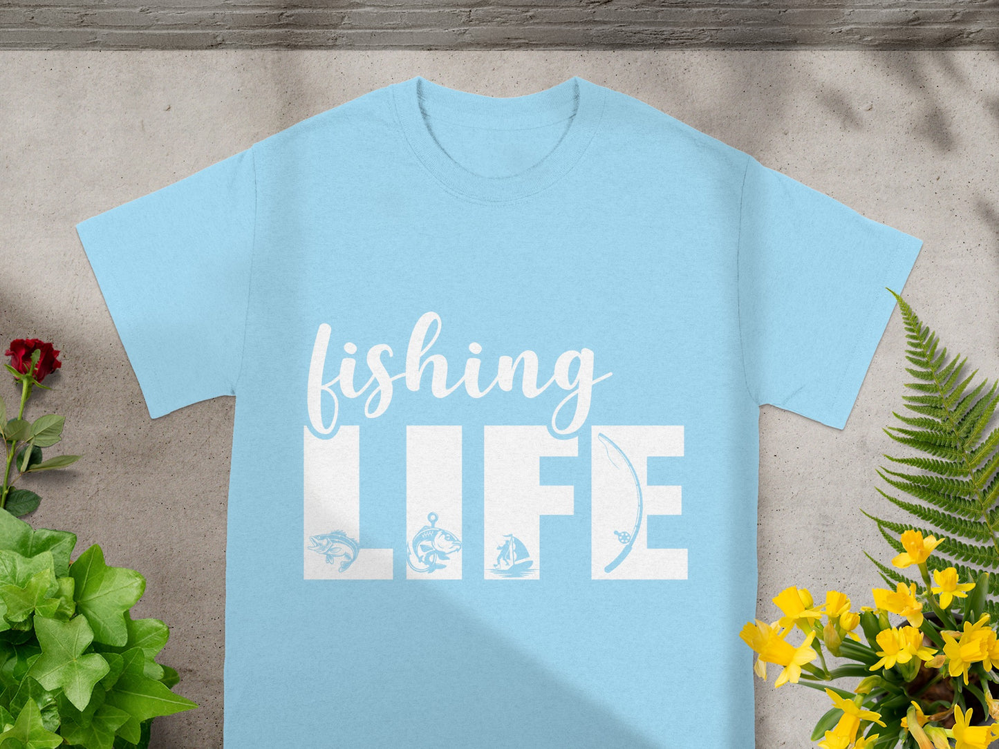 Light blue t-shirt with "fishing LIFE" in white, featuring fishing graphics.