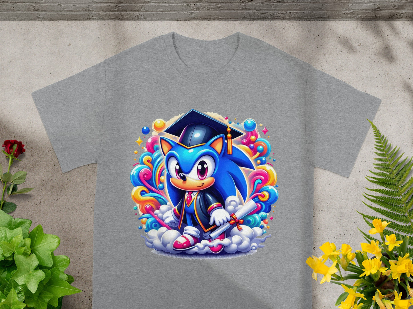 Sonic the Hedgehog in graduation cap and gown holding a diploma.