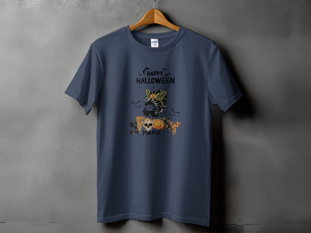 Dark blue t-shirt with "Happy Halloween" and "Spooky Mama" Halloween graphic.