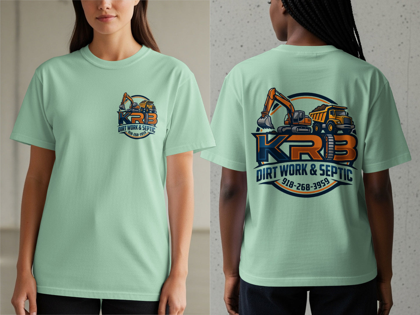 Mint t-shirt with KRB Dirt Work & Septic logo featuring excavator, dump truck, and phone number.