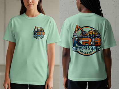 Mint t-shirt with KRB Dirt Work & Septic logo featuring excavator, dump truck, and phone number.