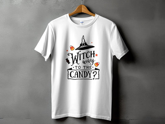White t-shirt with Halloween graphic "Witch way to the candy?"