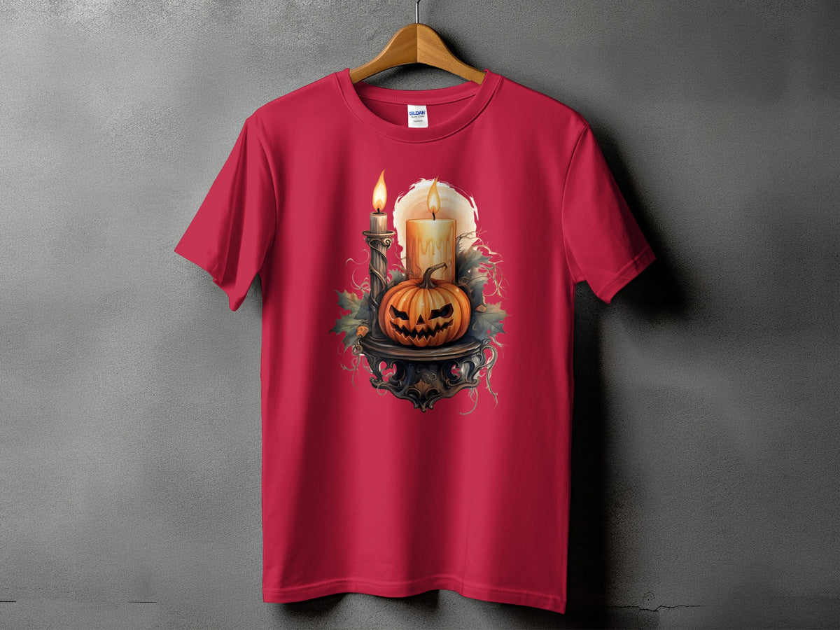 Red t-shirt with a Halloween pumpkin and candles graphic on the front.