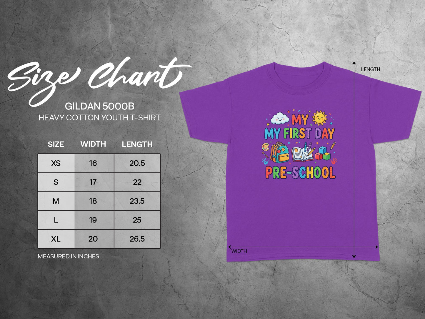 Gildan 5000B youth t-shirt size chart with width and length measurements.