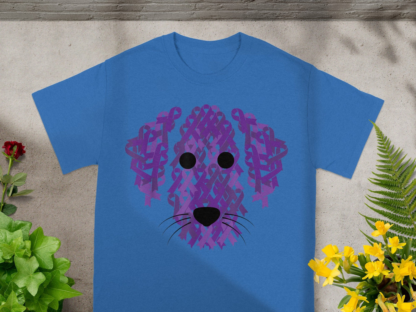 Purple Ribbon Dog Face Design on Blue T-Shirt