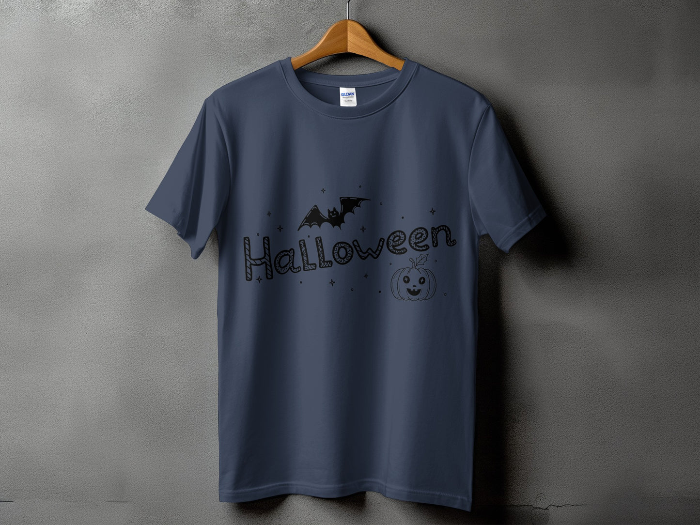 Dark blue t-shirt with "Halloween" text, bat, and jack-o'-lantern design.