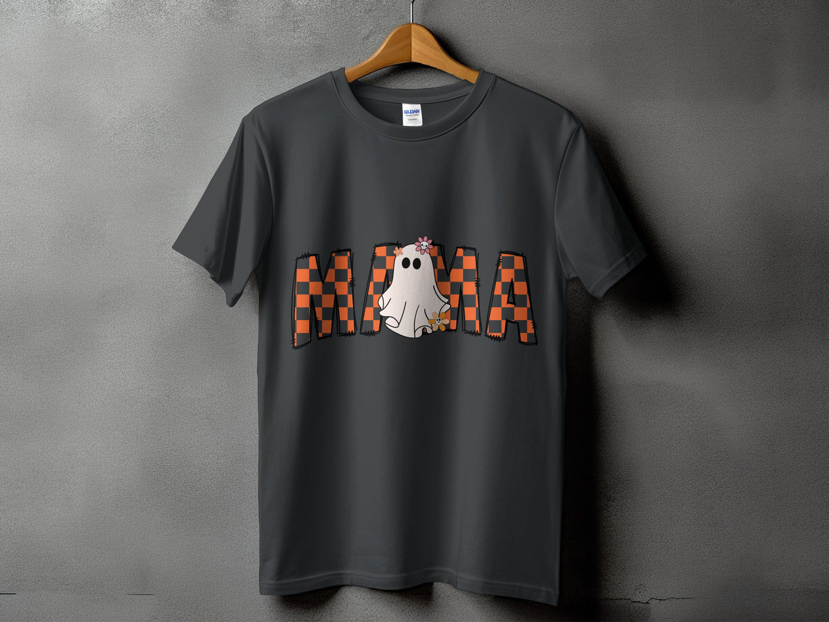 Dark grey t-shirt with "MAMA" text and a ghost graphic.