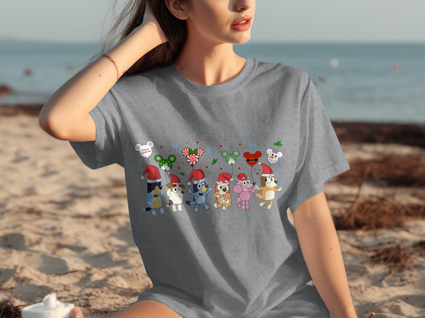 Festive Cartoon Characters with Santa Hats Shirt