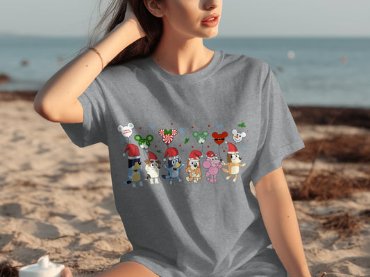 Festive Cartoon Characters with Santa Hats Shirt