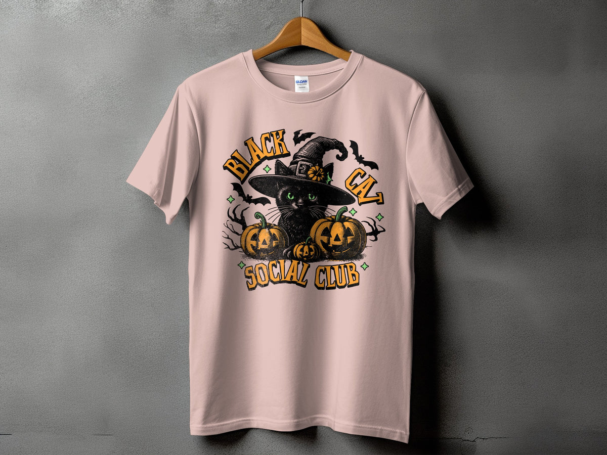 Black cat with witch hat, pumpkins, bats, and text "BLACK CAT SOCIAL CLUB".