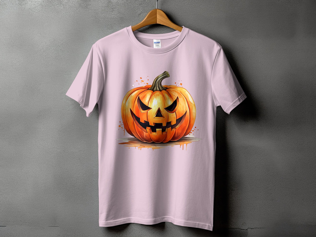 Pink t-shirt with a watercolor jack-o'-lantern graphic with dripping orange accents.