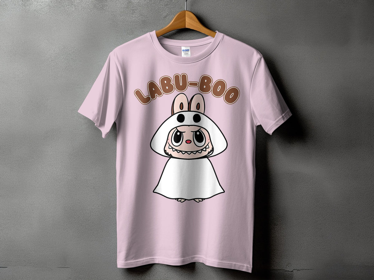 Pink t-shirt with "LABU-BOO" text and a cartoon character in a ghost costume.
