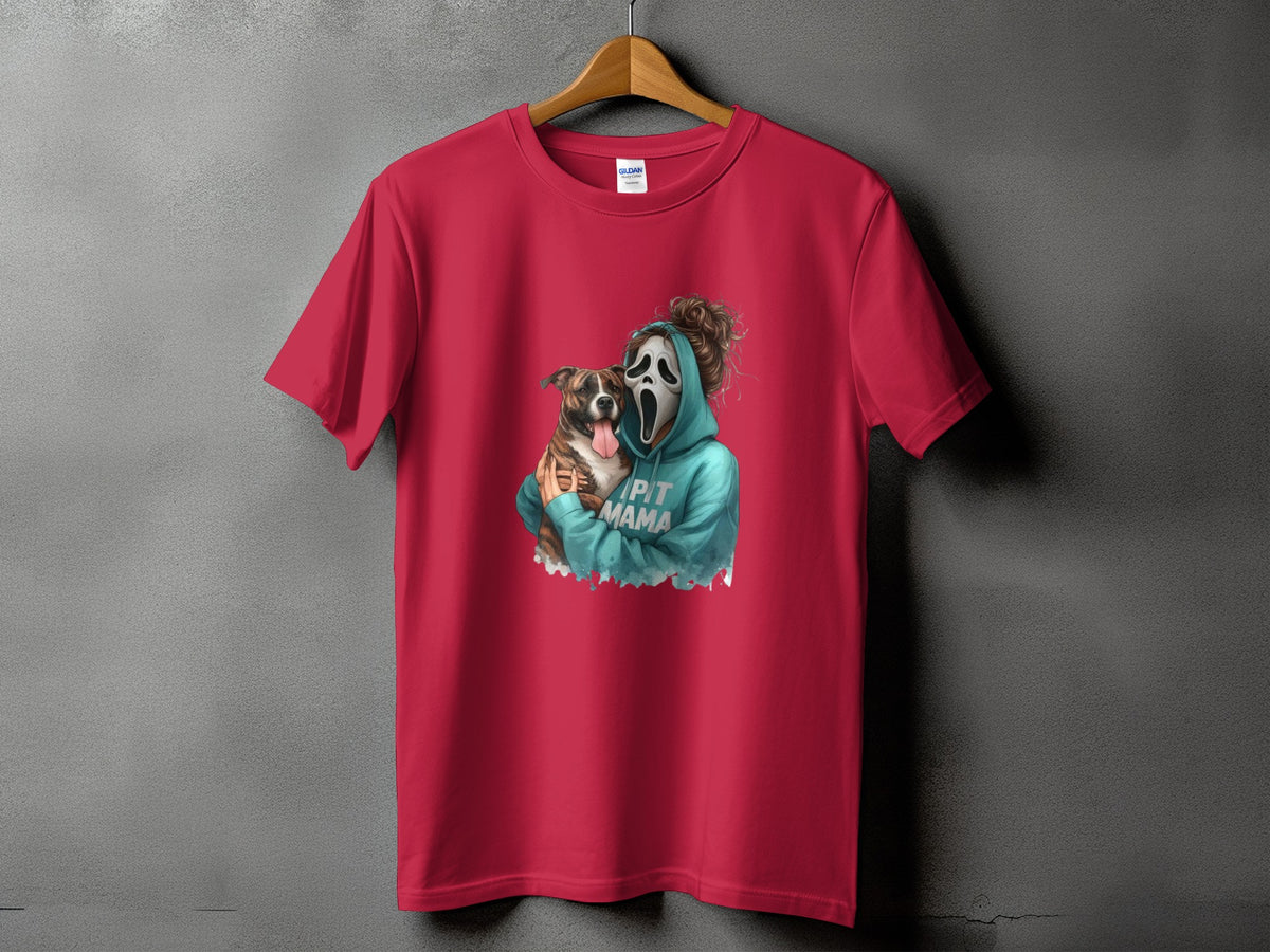 Red t-shirt with graphic of person in ghost mask holding a pit bull, text reads "PIT MAMA".