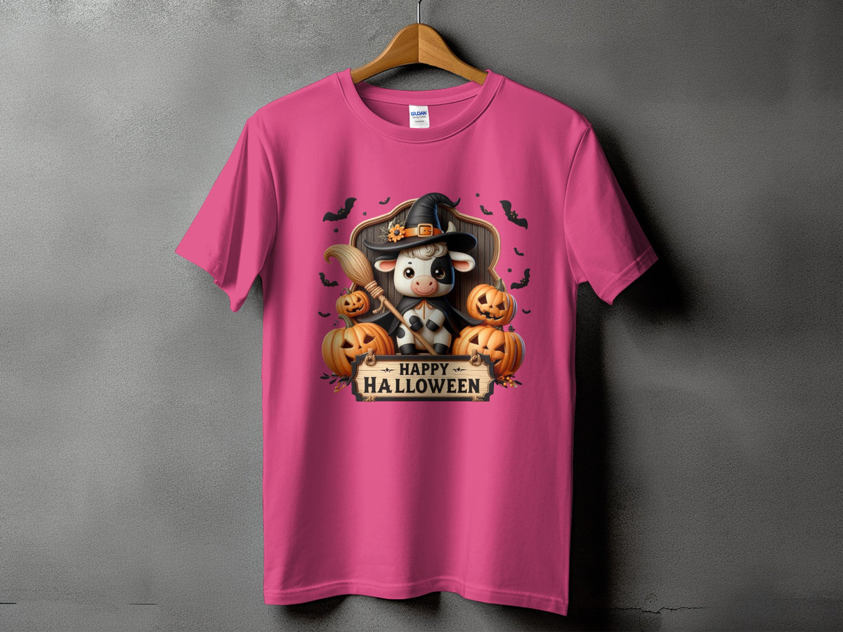 Pink t-shirt with a Halloween graphic of a cow wearing a witch hat, broom, and pumpkins.