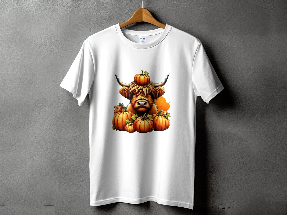 White t-shirt with a highland cow and pumpkins graphic.