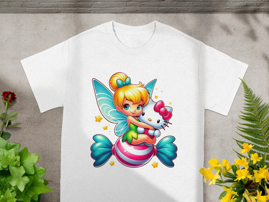 Fairy character with wings hugging a Hello Kitty plush on a candy-striped pillow.