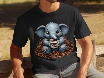 Cute Elephant Holding Coffee First T-Shirt