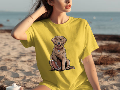 Adorable Golden Retriever with Football Graphic Tee