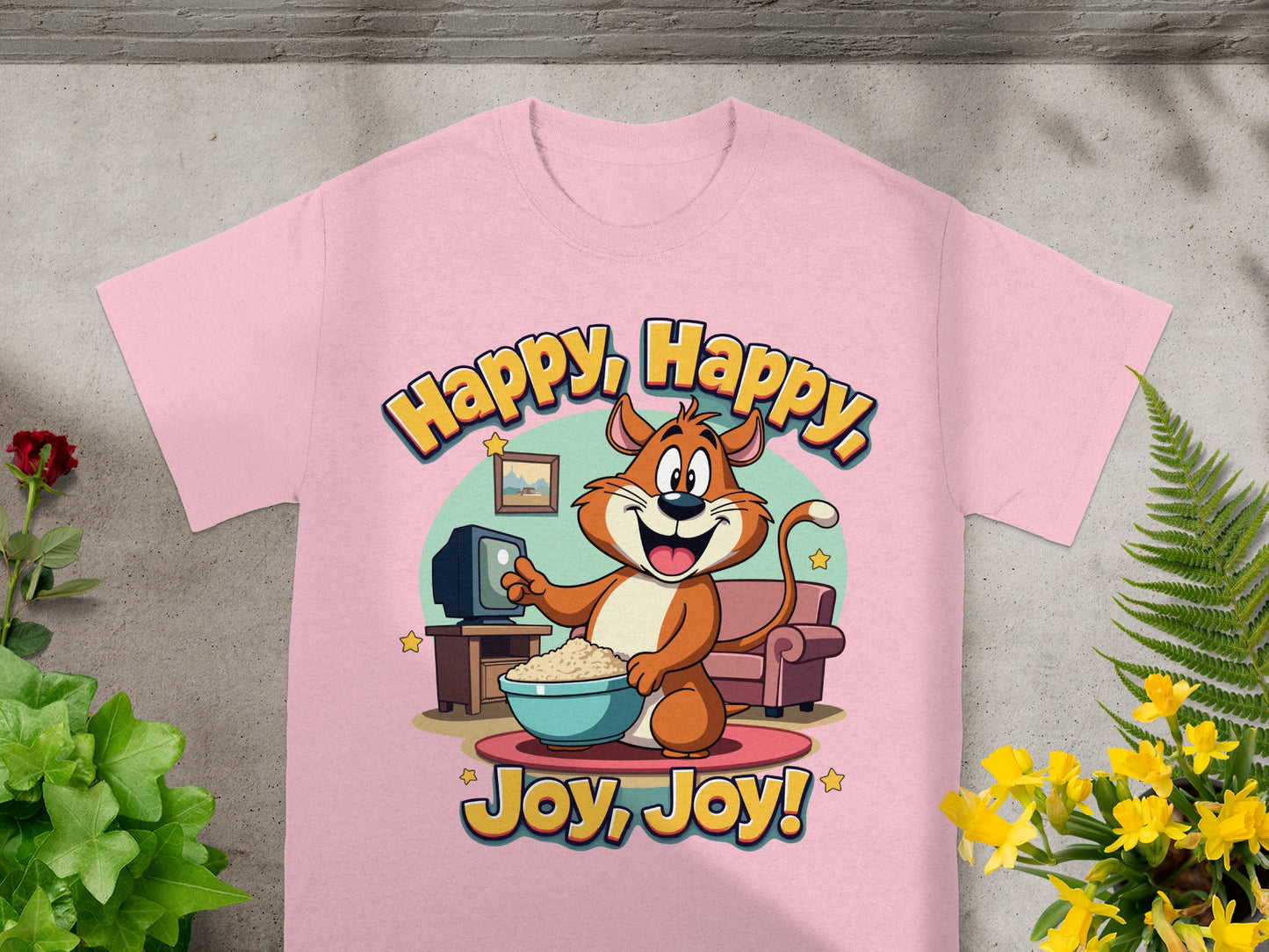 Cartoon cat with popcorn and TV, with text "Happy, Happy, Joy, Joy!".