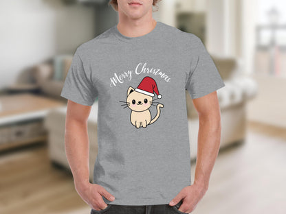 Merry Christmas Cat in Santa Hat T-shirt