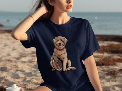 Cute Dog with Football Cartoon Graphic T-shirt