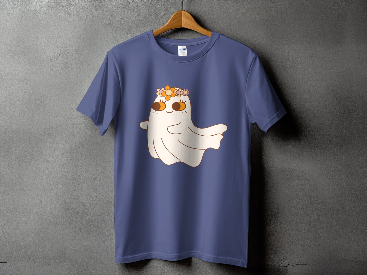 T-shirt with a cartoon ghost wearing a flower crown and smiling.