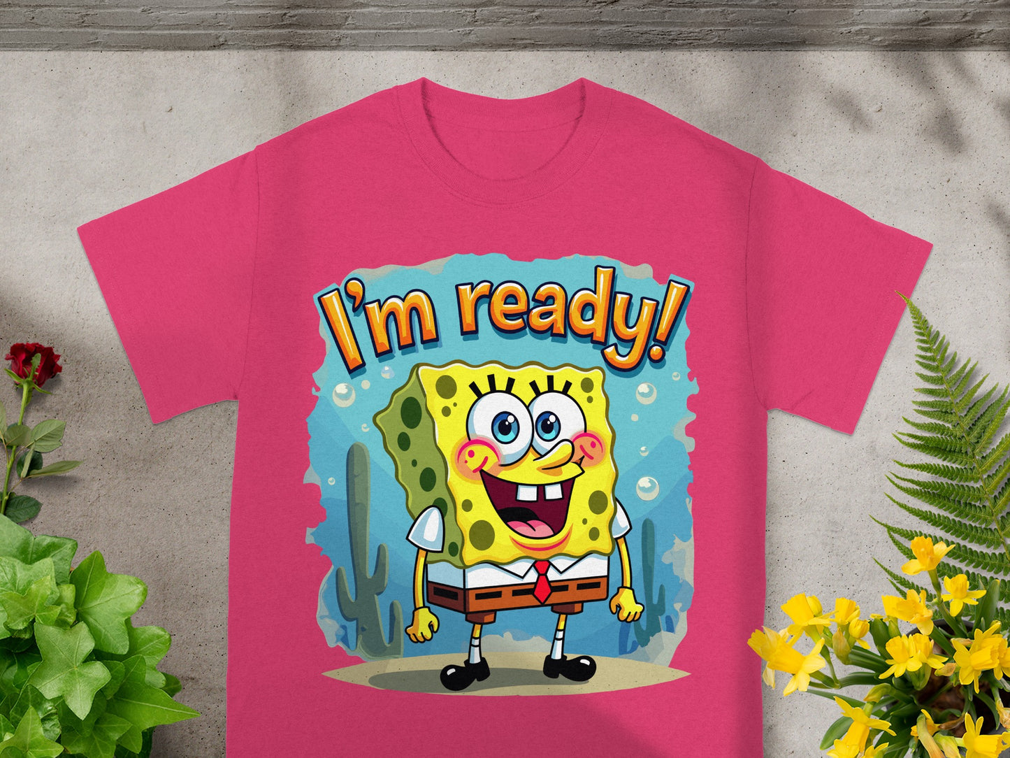 Pink t-shirt with Spongebob Squarepants saying "I'm ready!"