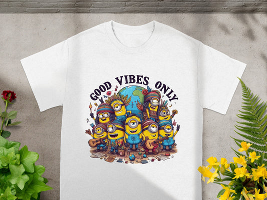 White t-shirt with Minions in hippie attire surrounding Earth, text reads "GOOD VIBES ONLY."
