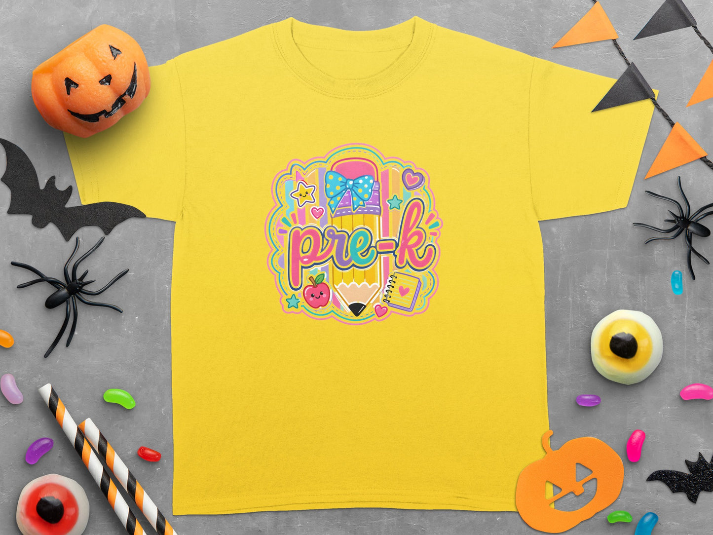 Yellow t-shirt with "pre-k" text and a large pencil graphic.
