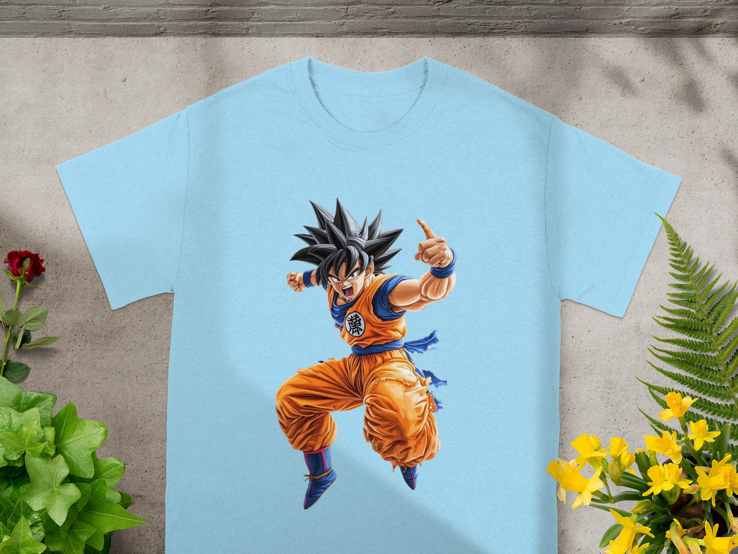 Light blue t-shirt with Goku from Dragon Ball Z in orange gi.