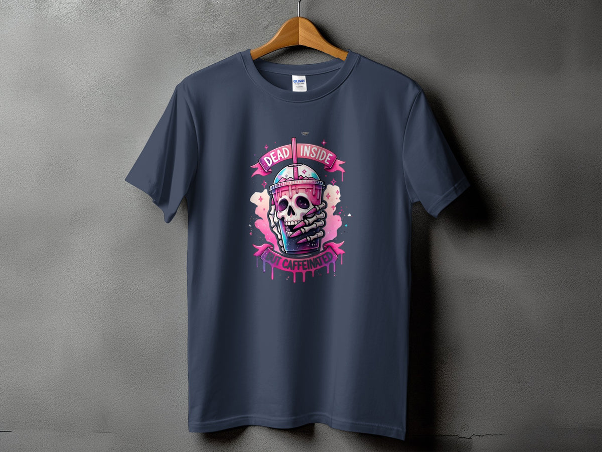 Skeleton hand holds a drink with "Dead Inside But Caffeinated" text.
