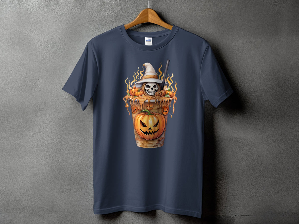 Halloween t-shirt with a skull wearing a witch hat and pumpkins.