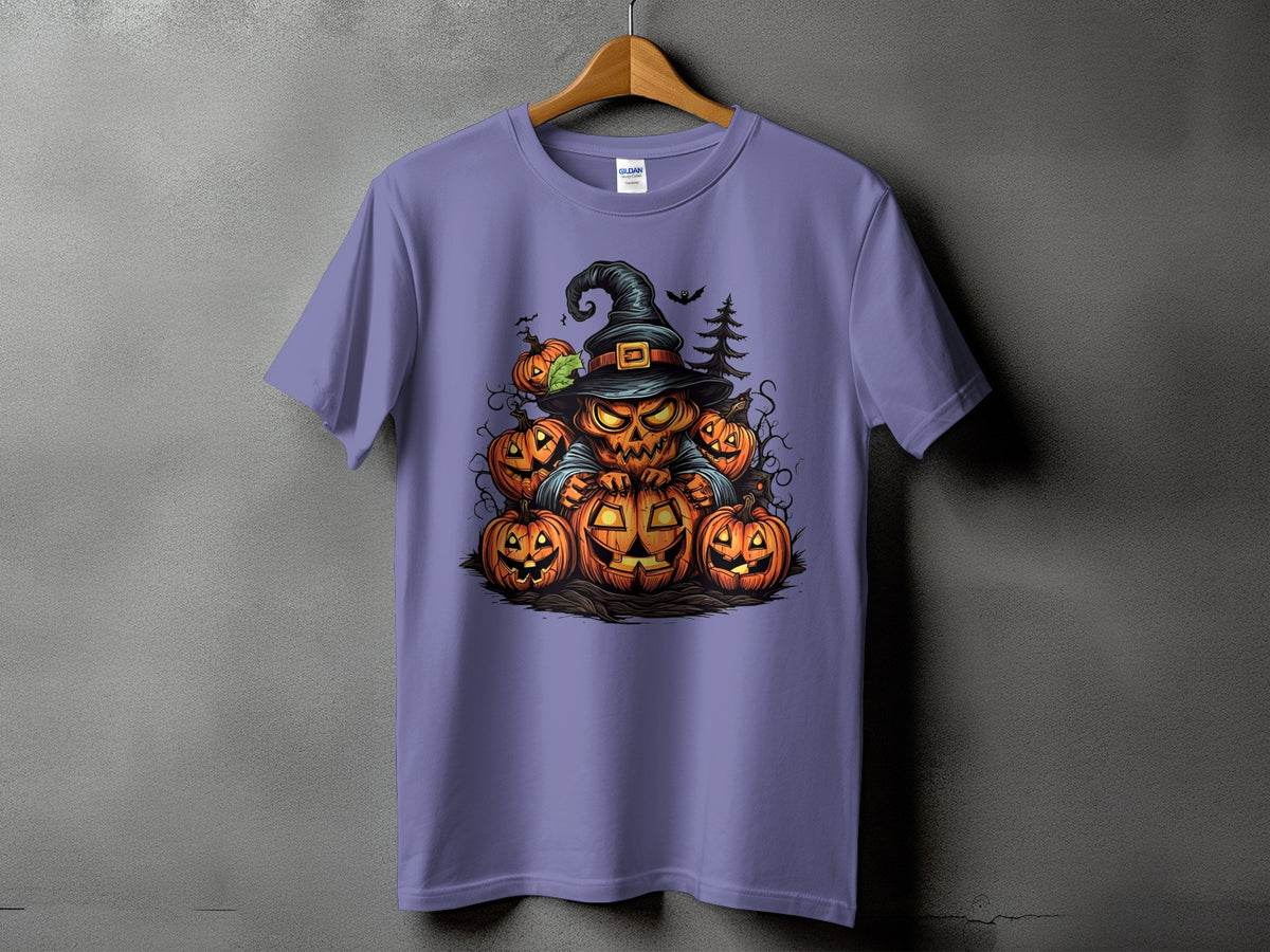Halloween graphic of carved pumpkins and a spooky figure in a witch hat.