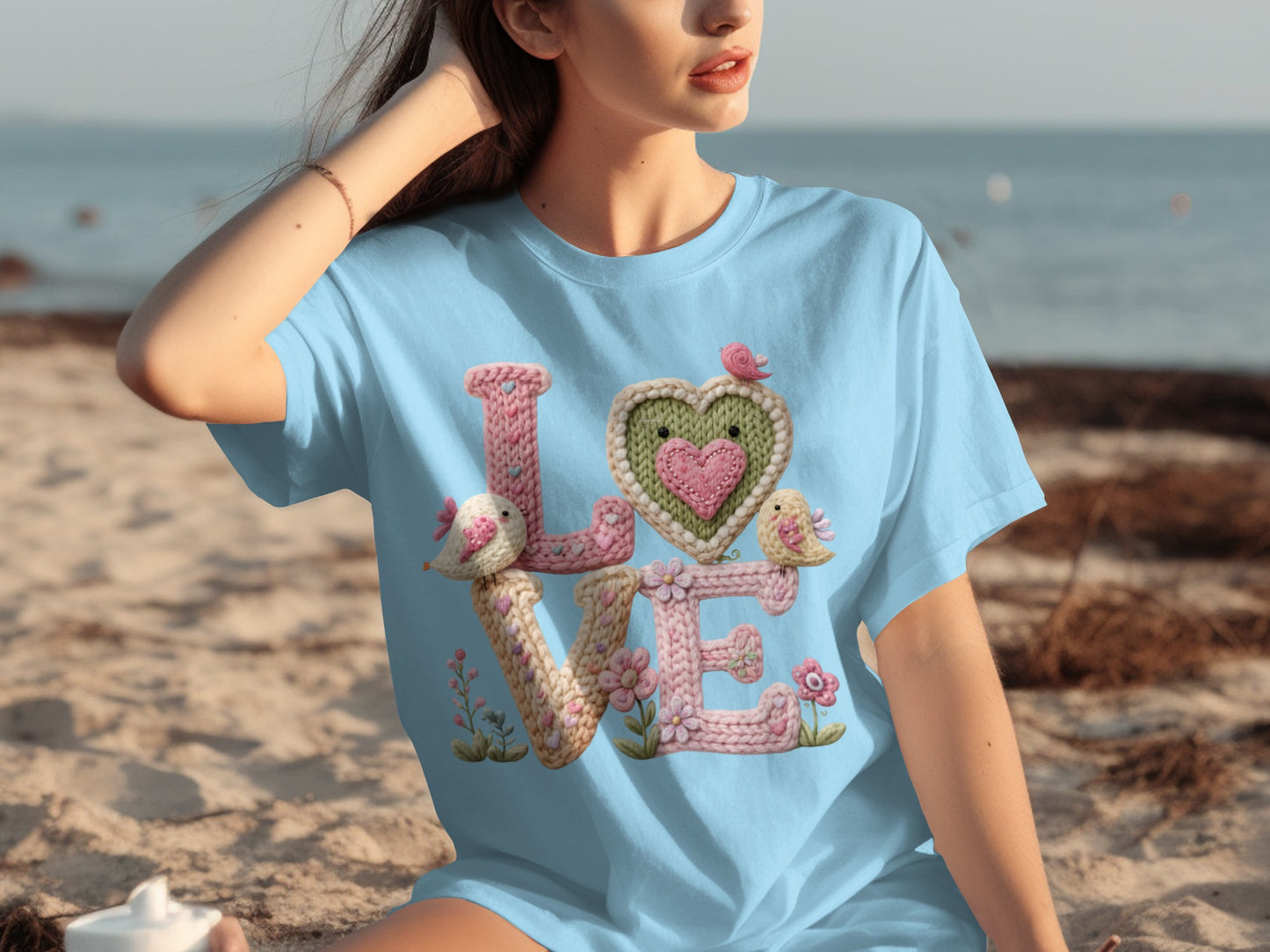 Blue T-Shirt with Knitted Love Birds Design