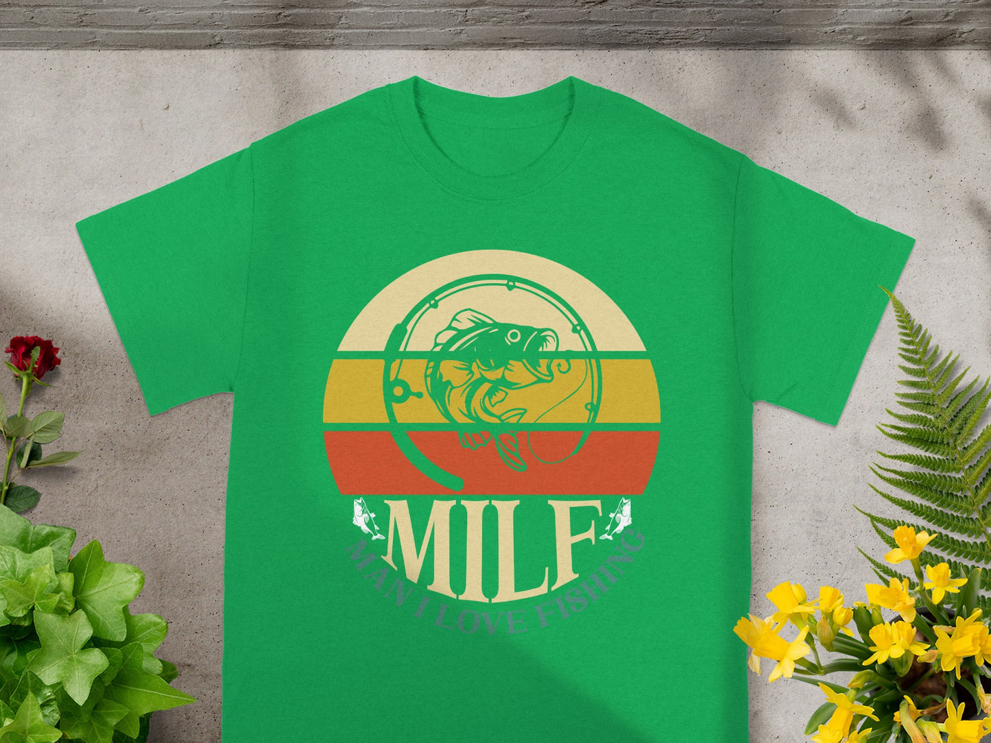 Green t-shirt with "MILF MAN I LOVE FISHING" text and a fish graphic.