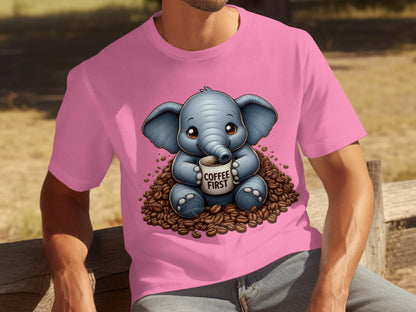 Cute Elephant Coffee First Graphic Unisex Tee Shirt