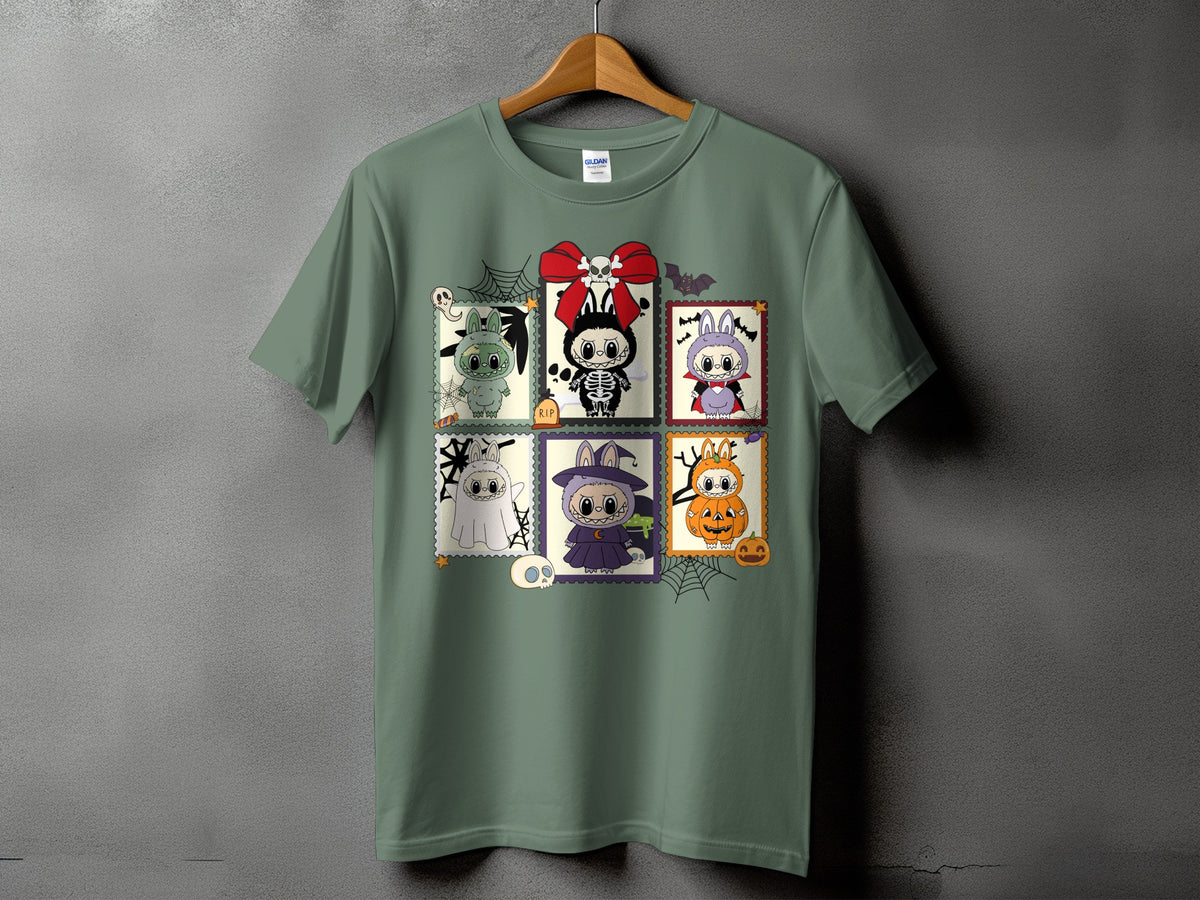 Green t-shirt with six Halloween-themed cartoon stamps featuring cute monsters and bats.