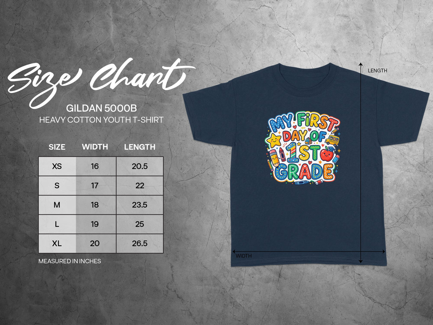 Navyyouth t-shirt with "My First Day of 1st Grade" graphic and size chart.