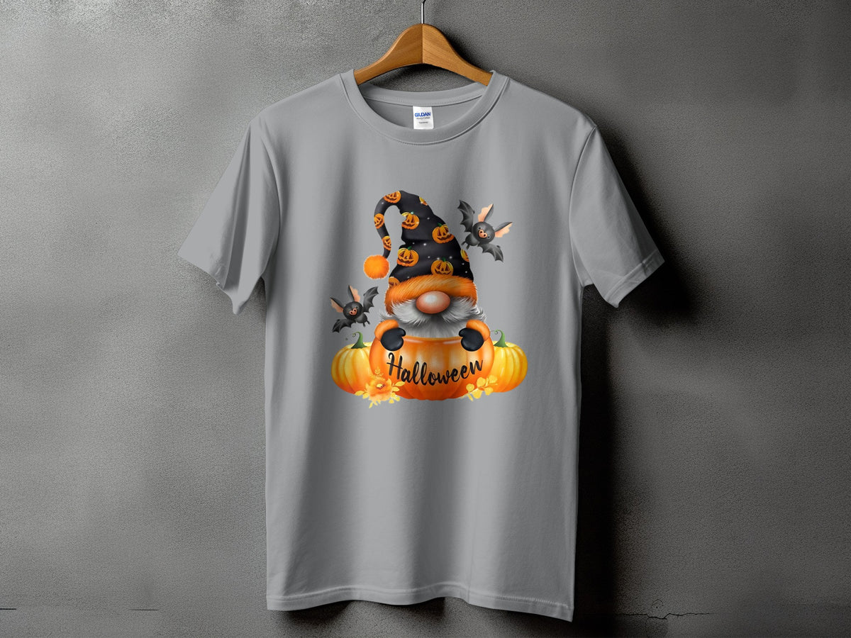 Gnome with pumpkins and bats graphic that reads "Halloween" on a gray t-shirt.