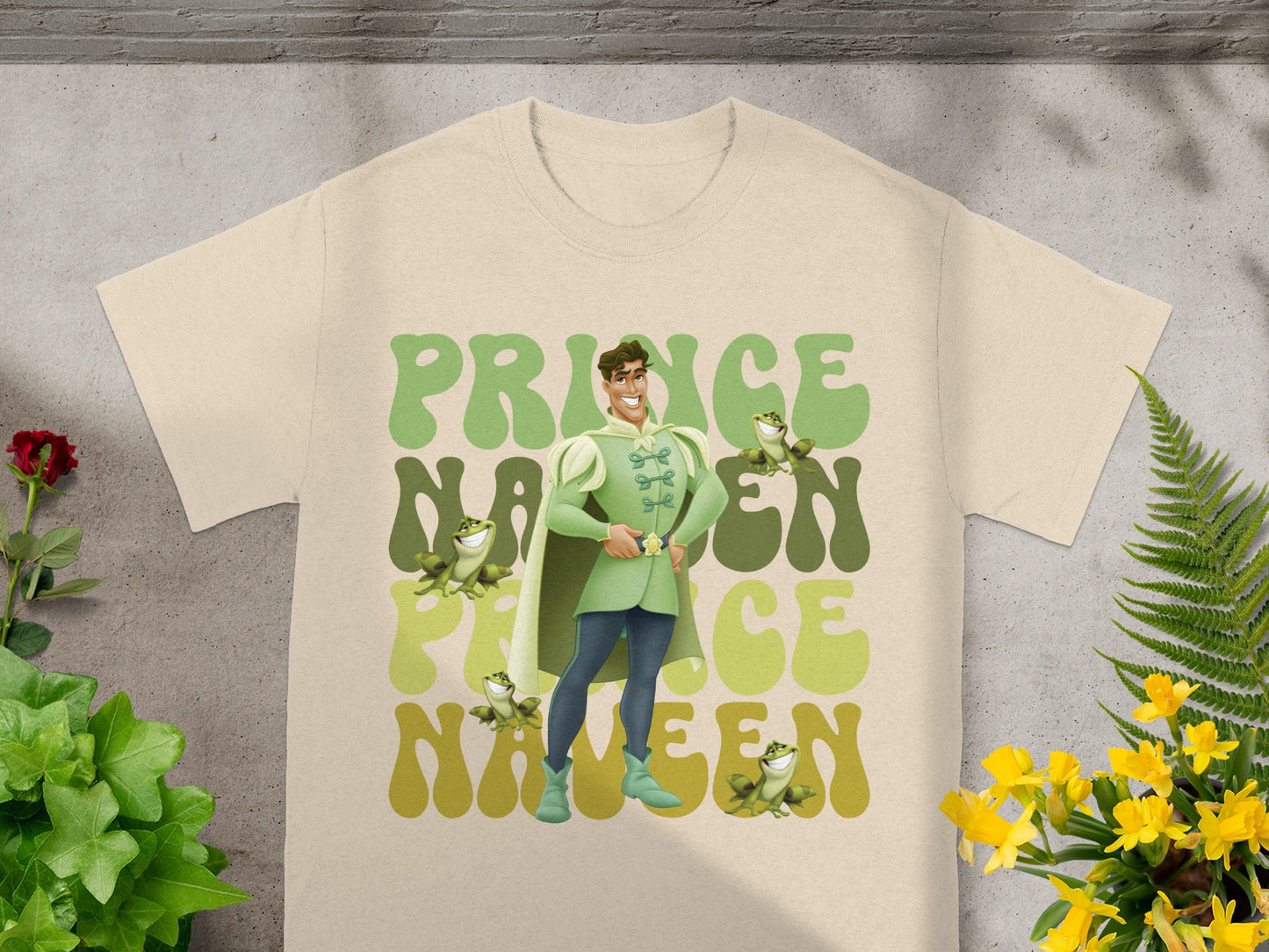 Prince Charming illustration with "Prince Charming" text on a light tan t-shirt.