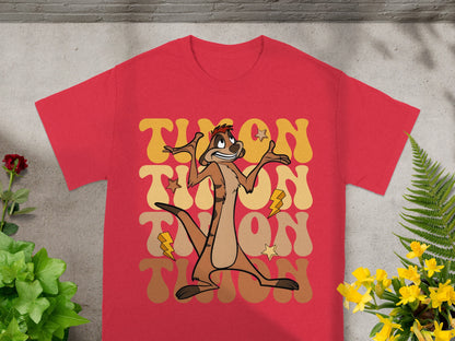 Red t-shirt with "Timon" text and lightning bolts, featuring a character.