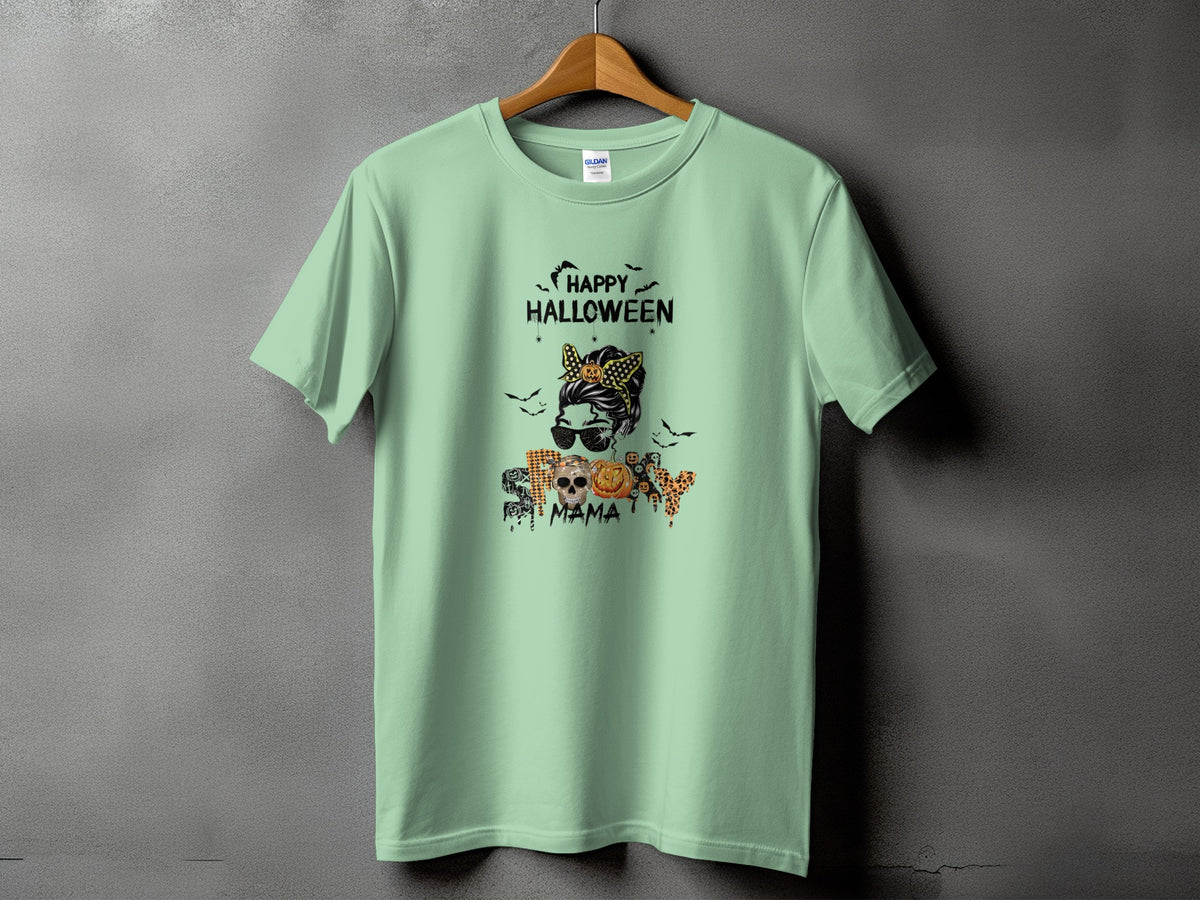 Mint t-shirt with "Happy Halloween" and a spooky mama skull graphic.