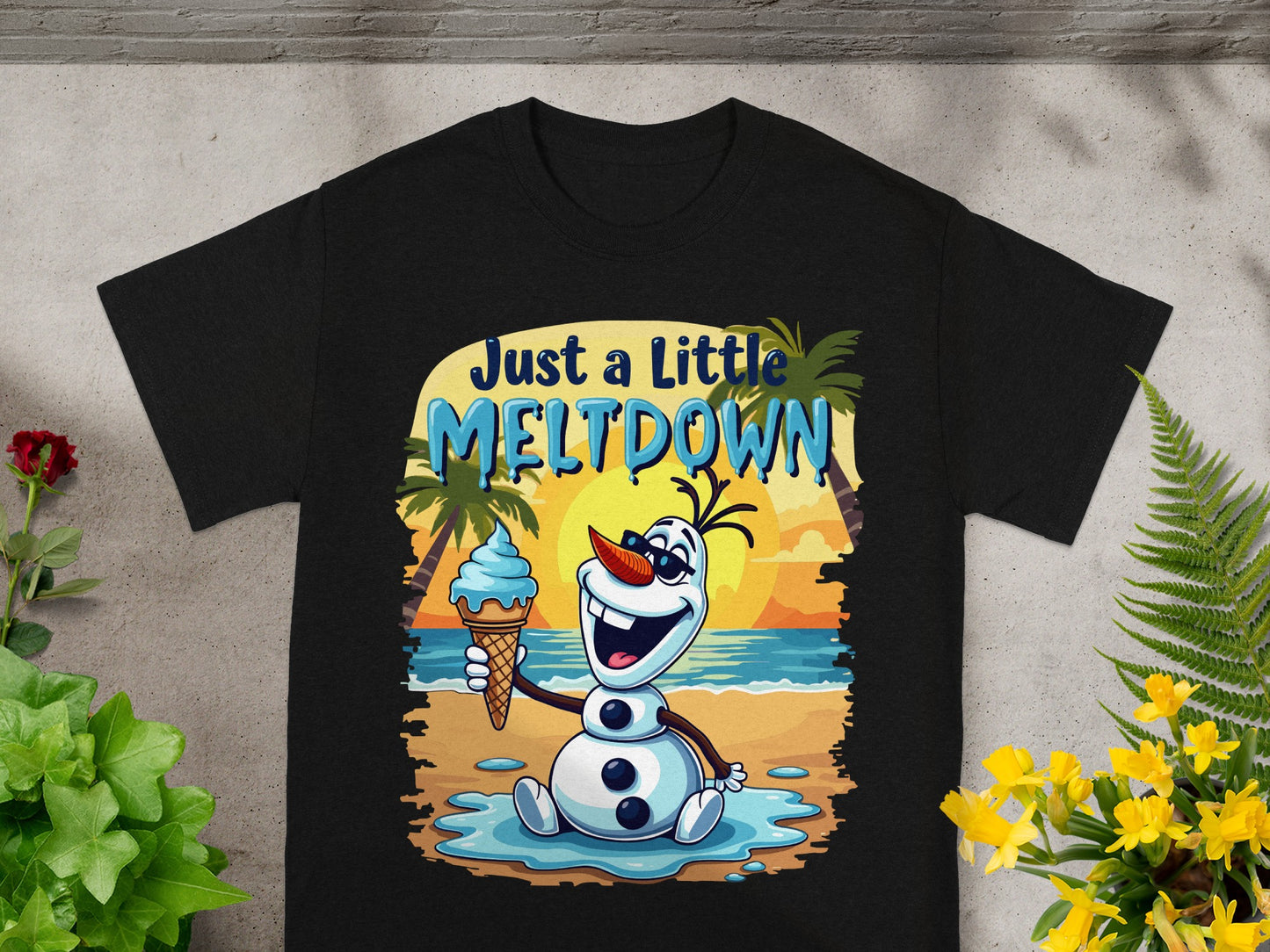 Olaf from Frozen holding an ice cream on a beach with text "Just a Little Meltdown".