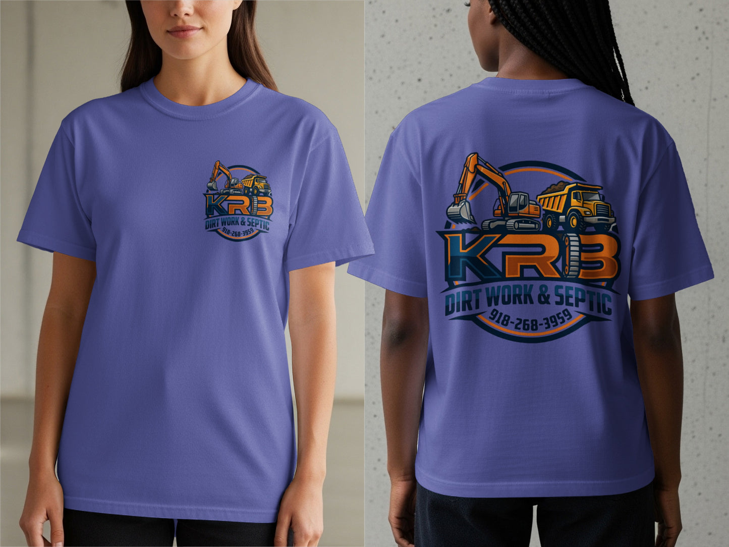 KRB Dirt Work & Septic: excavator and dump truck logo with phone number 918-268-3959.