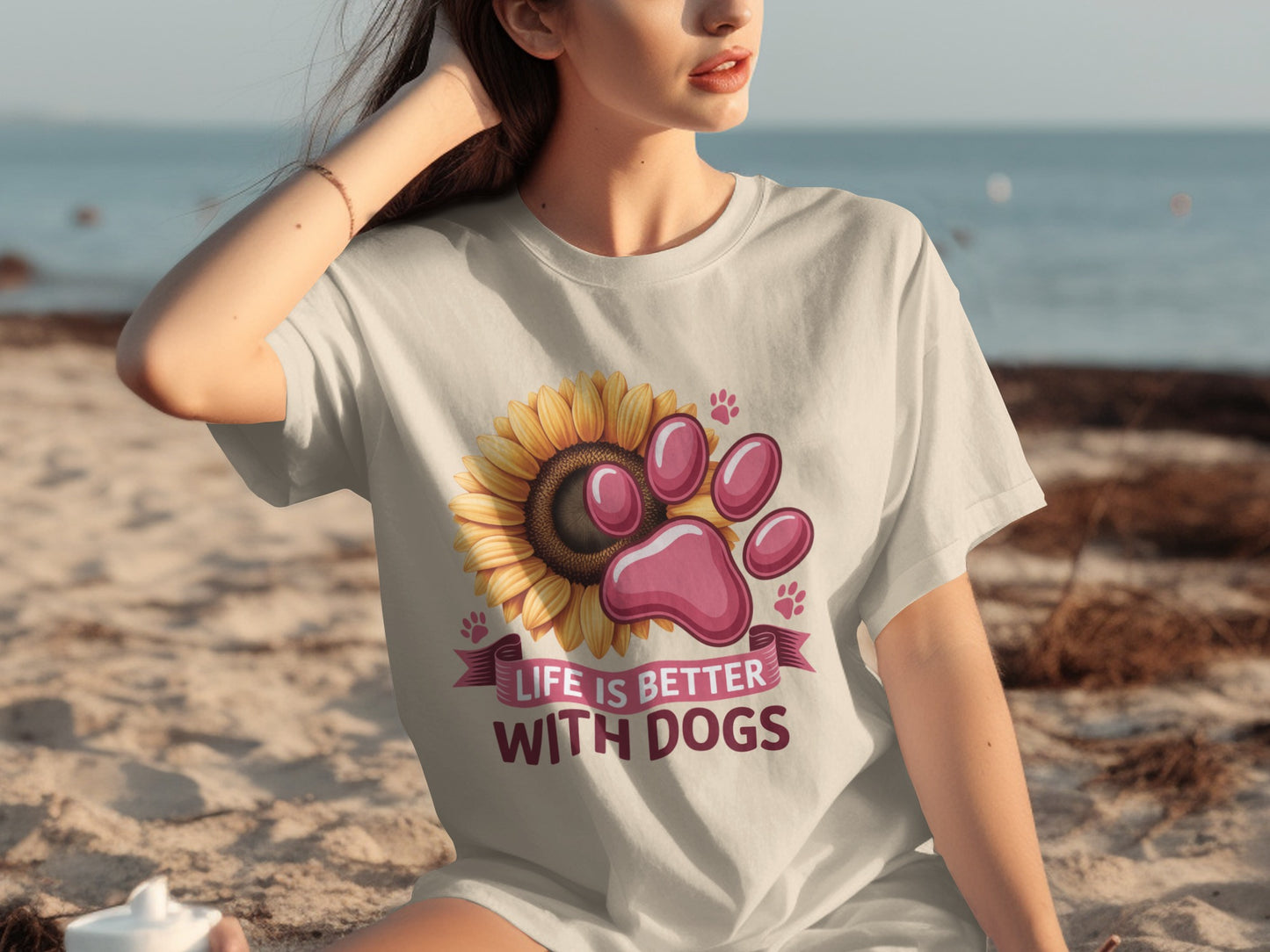 Life Is Better With Dogs Sunflower Paw Print T-Shirt