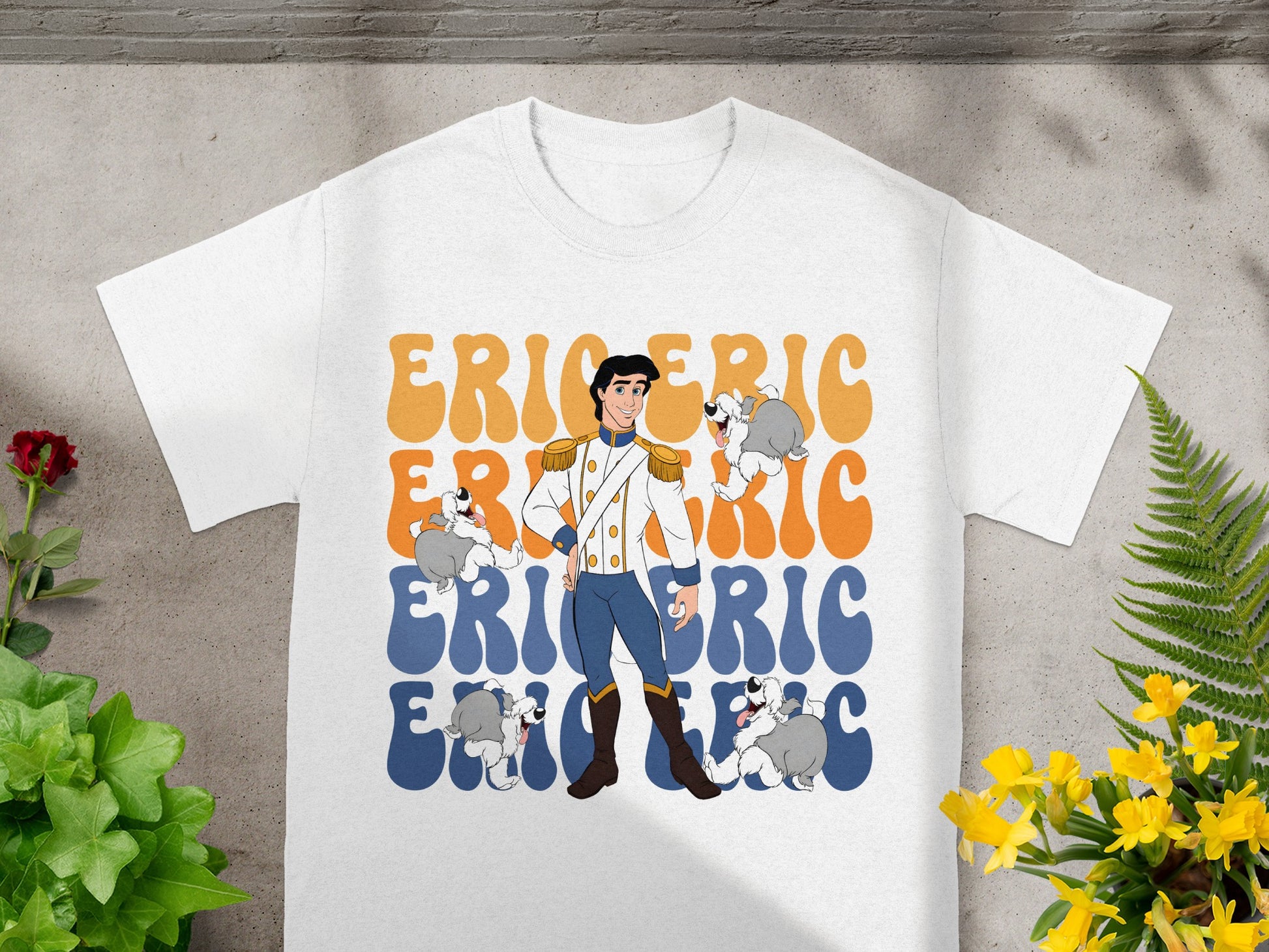 Prince Eric with Max the dog on a graphic t-shirt.