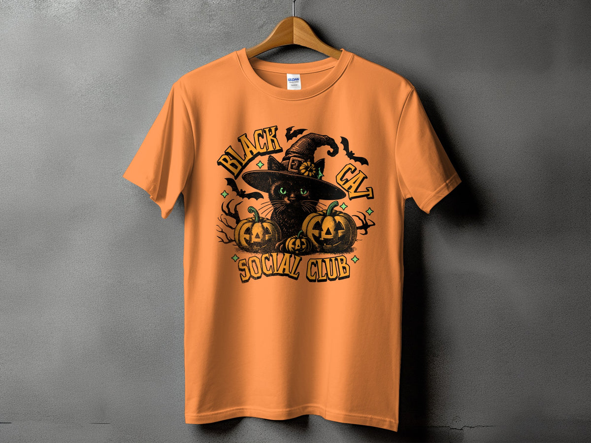 Orange t-shirt with black cat, pumpkins, bats, and "Black Cat Social Club" text.